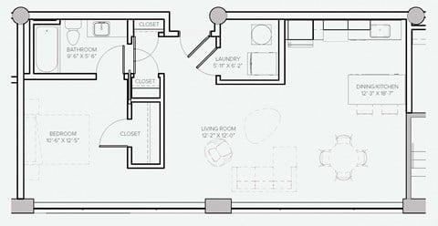 Floor plan for 1 bed, 1 bath, 700 sqft